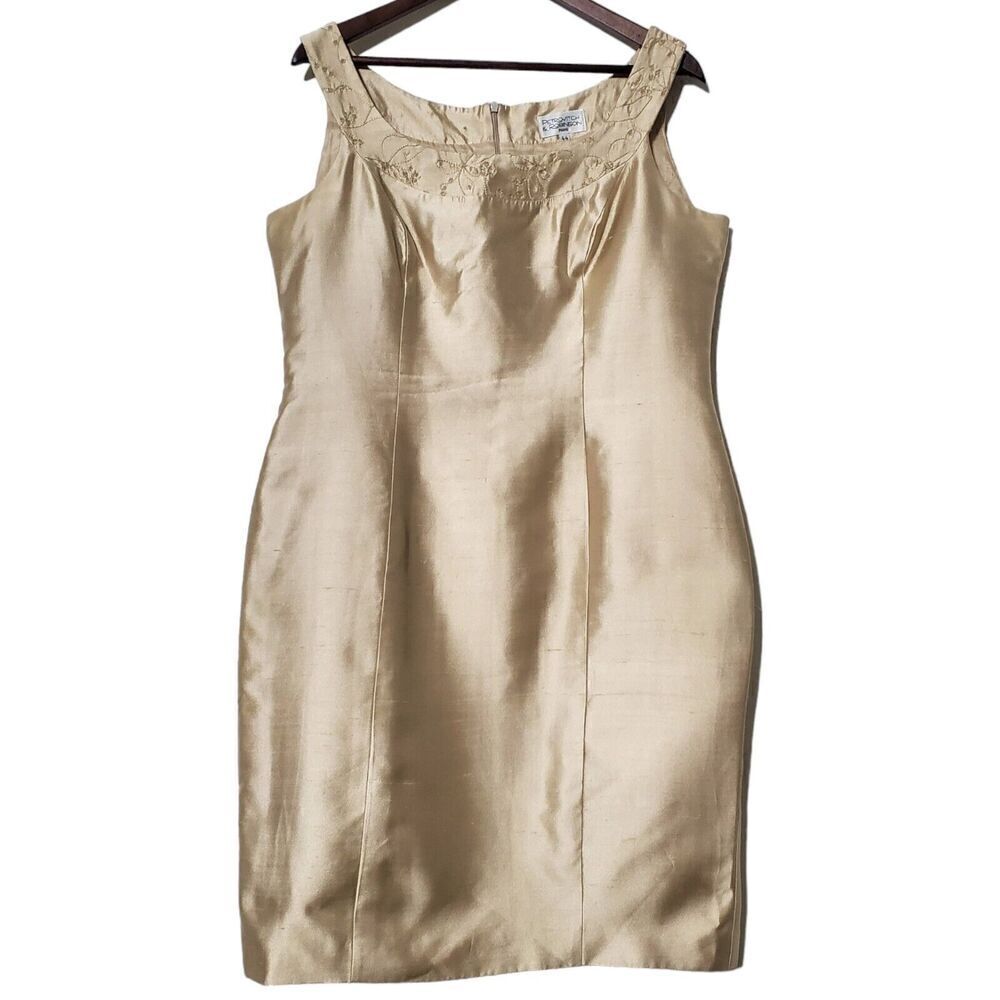 Petrovitch & Robinson Silk Gold Cocktail Dress Size 44 Sleeveless Beaded Neck